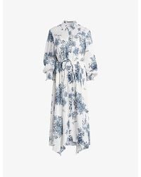AllSaints - Skye Dekorah Graphic-print Asymmetric-hem Silk And Linen-blend Midi Dress - Lyst