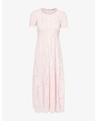 Self-Portrait - Embellished-Neckline Short-Sleeve Lace Midi Dress - Lyst