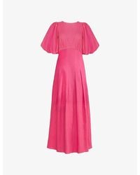Ro&zo - Puff-Sleeve Shirred-Panel Linen-Blend Midi Dress - Lyst