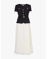 Self-Portrait - Contrast-Pleated-Skirt Rhinestone-Buttons Woven Midi Dress - Lyst