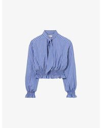 Claudie Pierlot - Striped Tie-Neck Cotton-Poplin Shirt - Lyst