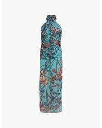 AllSaints - Kaih Batu Graphic-print Tie-neck Stretch-mesh Midi Dress - Lyst