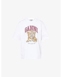 Ganni - Tiger-Print Round-Neck Cotton-Jersey T-Shirt - Lyst
