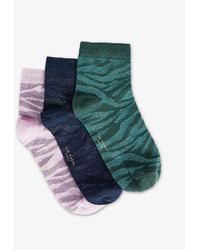 Ted Baker Zeeba Pack Of Three Zebra-print Stretch-knit Socks - Blue