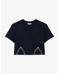 Sandro - Crystal-embellished Cut-out Cotton-blend T-shirt - Lyst