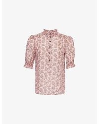 ME+EM - Climbing Bud Print Ruffle-Neck Silk-Cotton Blend Blouse - Lyst