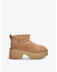 UGG - Classic Ultra Mini New Heights Suede And Shearling Heeled Ankle Boots - Lyst