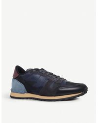 Valentino Mens Navy Blue Camouflage Leather And Suede Trainers