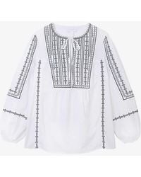 The White Company - Tie-neck Embroidered Organic-cotton Blouse - Lyst