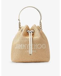 Jimmy Choo - T/lat/gold Bon Bon Logo-embroidered Raffia Bucket Bag - Lyst