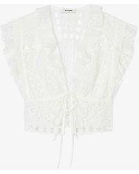 Sandro - Ruffle-neck Embroidered Woven Crop Top - Lyst