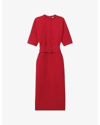 Reiss - Naya Round-Neck Belted-Waist Stretch-Woven Midi Dress - Lyst