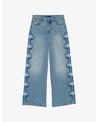 Maje - Floral-Embroidered Wide-Leg Denim Jeans - Lyst