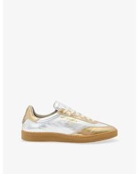 AllSaints - Thelma Logo-Embossed Metallic Leather Low-Top Trainers - Lyst