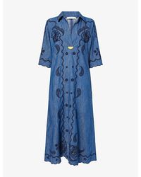 green emerald velvet dress Railway Blue Coco Embroidered Denim Short