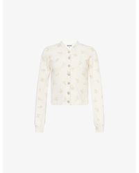Ganni - Floral-Print Embellished-Button Wool-Blend Knitted Cardigan - Lyst