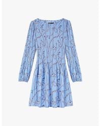 Maje - Graphic-Print Long-Sleeve Pleated Woven Mini Dress - Lyst