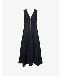 Self-Portrait - V-Neck Flared Stretch-Denim Blend Midi Dress - Lyst