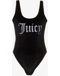 Juicy Couture Brand-embossed Rhinestone-embellished Velvet Swimsuit - Black