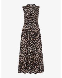 Whistles - Heidi Shirred-bodice Leopard-print Woven Midi Dress - Lyst