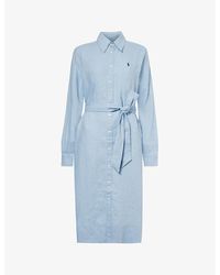 Polo Ralph Lauren - Caroli Blue Logo-embroidered Belted Linen Midi Dress - Lyst