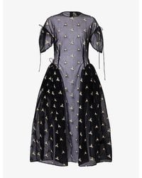 Simone Rocha - Puff-Sleeve Cord-Hip Woven Midi Dress - Lyst