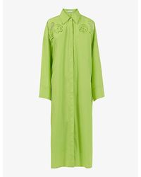 eem - Embroidered-Shoulder Long-Sleeve Cotton-Blend Midi Dress - Lyst