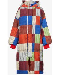 Benetton Patchwork Knitted-print Hooded Shell-down Puffer Coat - Blue