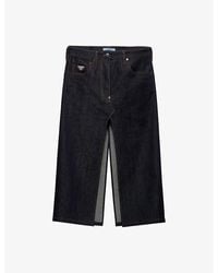 Prada - Logo-Badge Flared High-Rise Selvedge-Denim Midi Skirt - Lyst