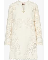 Valentino Garavani - V-neck Floral-pattern Cotton-blend Mini Dress - Lyst