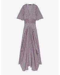 Maje - Graphic-print Shirred-waist Woven Midi Dress - Lyst