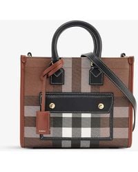 Burberry - Freya Mini Check-print Woven And Leather Top-handle Bag - Lyst