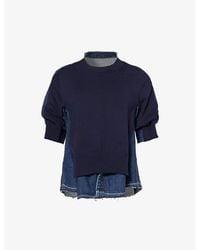 Sacai - Raw-hem Denim And Knitted Relaxed-fit Top - Lyst