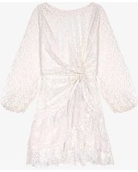 Maje - Lace-embroidered Long-sleeve Draped Woven Mini Dress - Lyst