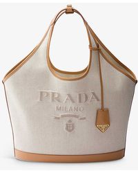 Prada - Logo-embossed Large Linen And Leather Tote Bag - Lyst