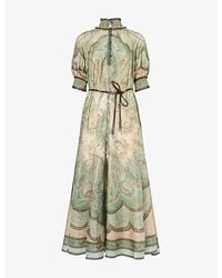 Zimmermann - Wanderlust Billow Puffed-Short-Sleeves Silk Midi Dress - Lyst