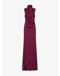 Alaïa - High-Neck Bow Woven Maxi Dress - Lyst