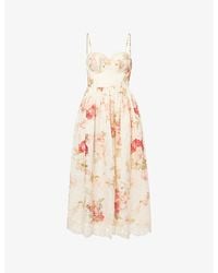 Zimmermann - Roselight Picnic Floral-Print Linen Midi Dress - Lyst