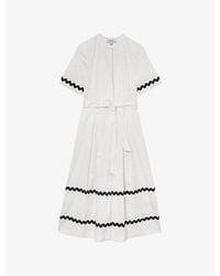 Reiss Isabelle - Ivory/navy Stretch-cotton Wave-trim Midi Dress, Us 4 in  White | Lyst