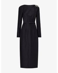 Roland Mouret - Long-Sleeve Brooch Ramie-And-Silk Midi Dress - Lyst
