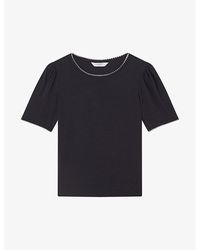 LK Bennett - Lizzie Embroidered-trim Cotton-jersey T-shirt - Lyst