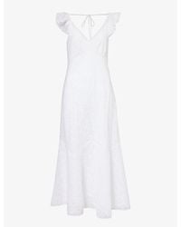 Polo Ralph Lauren - Floral-embroidered Frill-trim Linen Midi Dress - Lyst