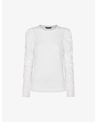Whistles - Round-neck Ruched-sleeve Cotton-blend Top - Lyst
