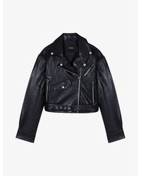Maje - Besley Belted-waist Cropped Leather Jacket - Lyst