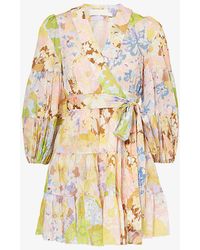 Zimmermann - Floral-print Wrap-over Cotton-poplin Mini Dress - Lyst