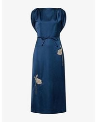 Erdem - Floral-Embroidered Fitted Satin Midi Dress - Lyst