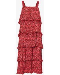 Ganni - Flounce Floral-pattern Recycled-polyester Midi Dress - Lyst