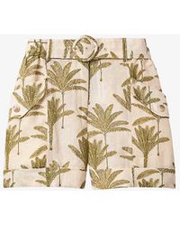Reiss - Cali Palm-print Belted-waist Linen Shorts - Lyst