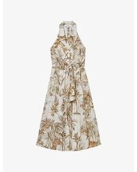 Reiss - Carla Palm-Print Linen Midi Dress - Lyst