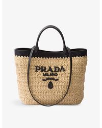 Prada - Brand-embroidered Crocheted Woven And Leather Tote Bag - Lyst